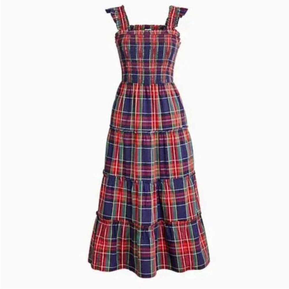 J. Crew Factory Tartan Plaid Smocked Tiered Midi Dress 2X